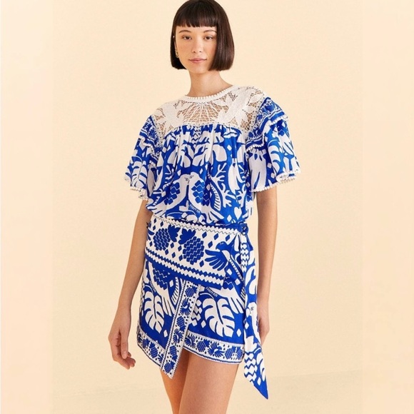 FARM Rio Jungle Scarf Wrap Mini Skirt Blue & White XS & Medium NWT! - Picture 3 of 14